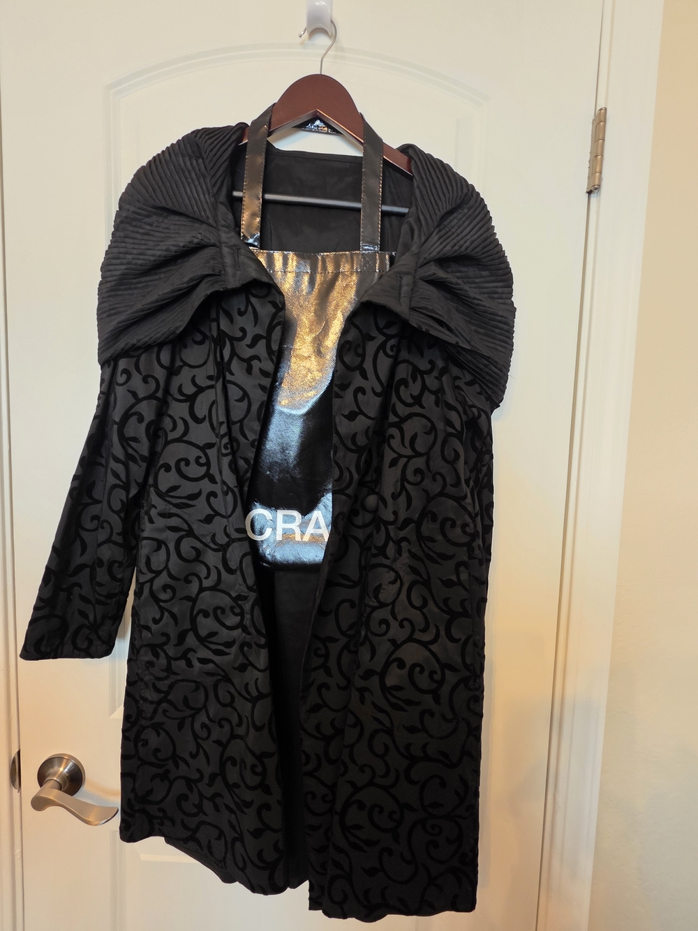 Mycra Pac Donatella Black Patterned Trench Coat with Sculpted Collar